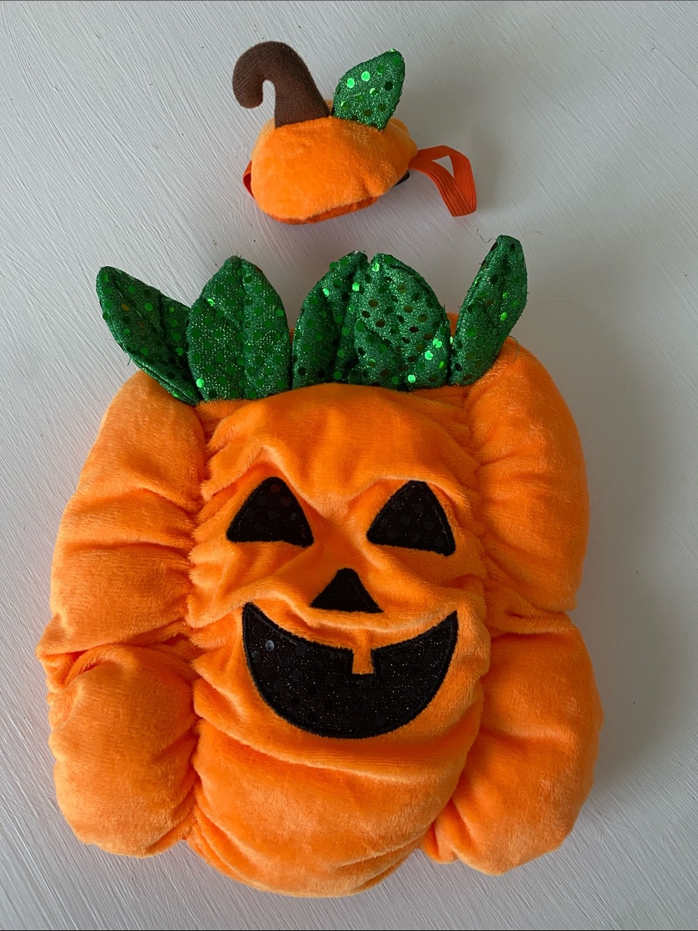 Small Dog Orange Pumpkin Costume with Green Leaf Accent & Hat